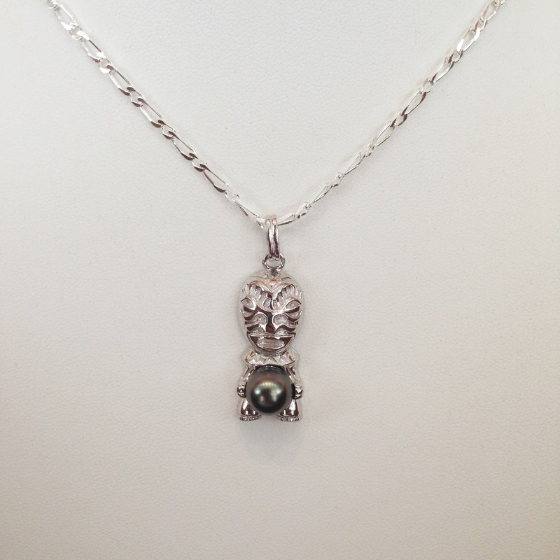 Pendentif TIKI en Argent 925 avec Perle Noire de TAHITI